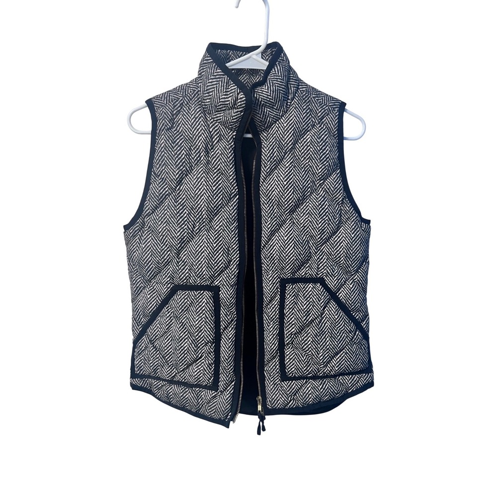 J Crew‎ Quilted Vest Black White Herringbone Chevron Zip Pockets Womens XS